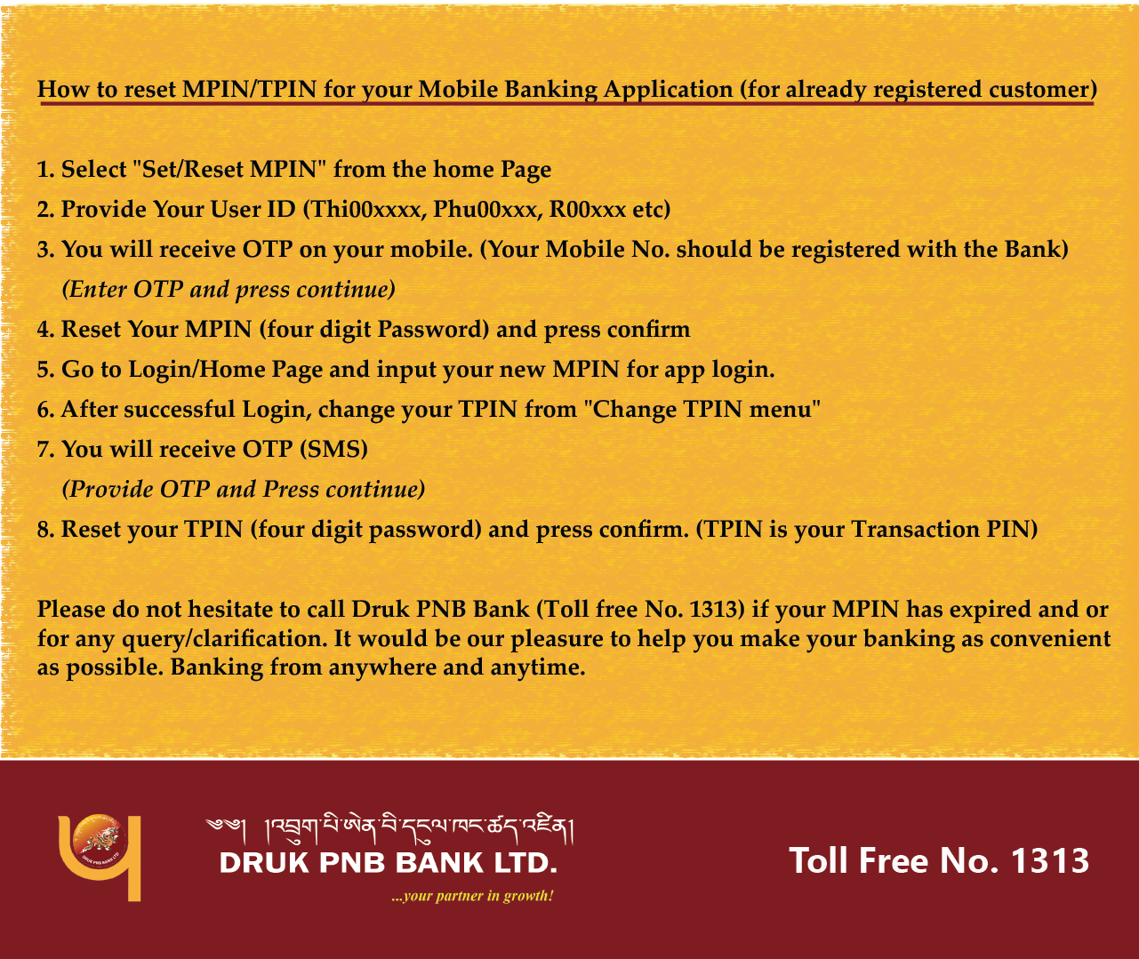 Mobile Banking Registration & Reset MPIN/TPIN Druk PNB Bank Ltd.